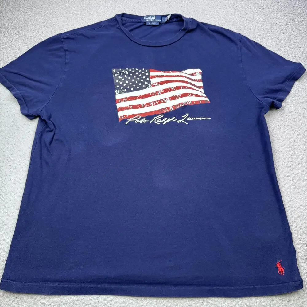 Polo Ralph Lauren Shirt Mens Large Blue American Flag Graphic Classic Fit Tee